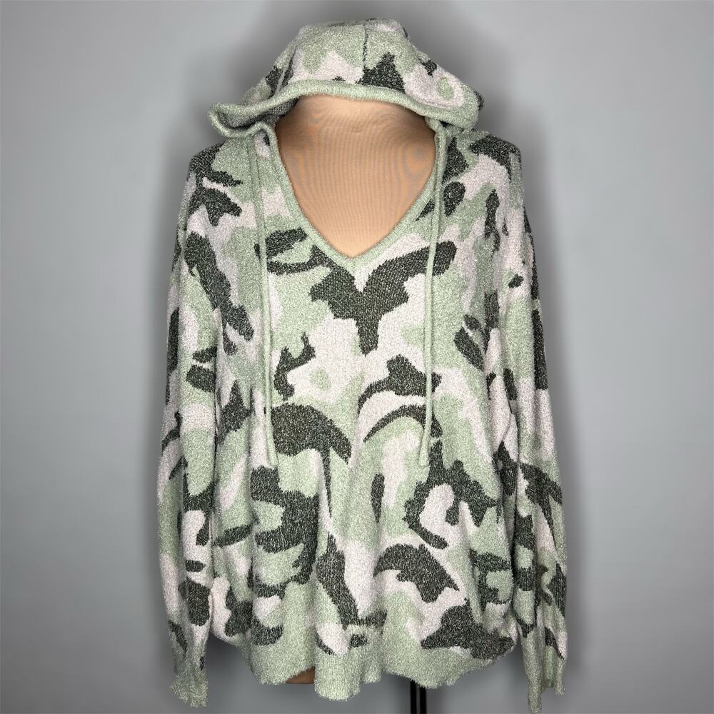 Rachel Zoe Hoodie 2X Womens Camo V-Neck Relaxed Sweater Jersey Knit Camouflage